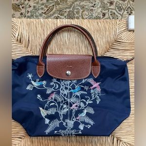 Longchamp Le Pliage Tree Of Life Arbre De Vie Bird Embroidered Navy Tote Bag NWT